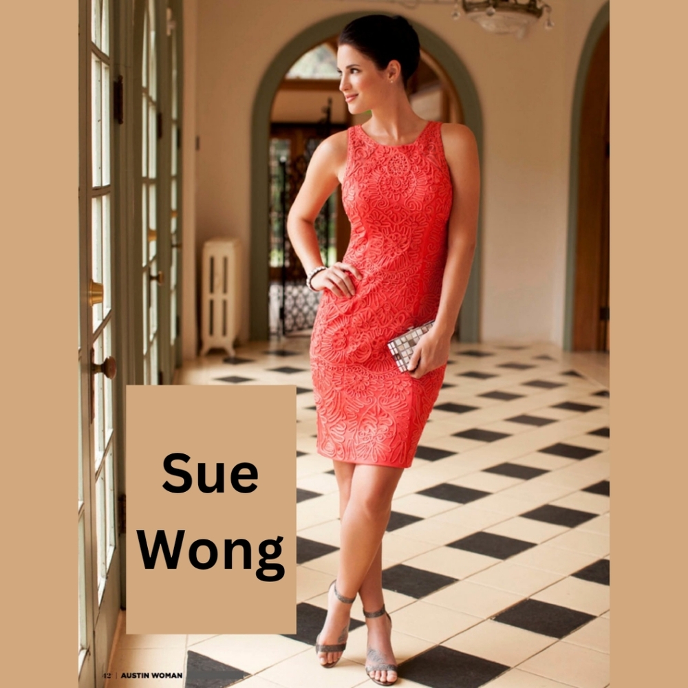 Sue Wong Sleeveless Illusion Back Ribbon Embellished Mesh Dress
